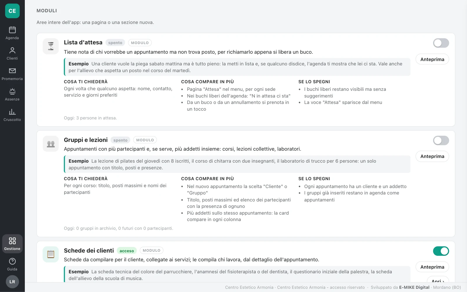 Moduli e funzioni di Agenda Team: per ognuno a cosa serve, un esempio, cosa chiede e cosa compare in pi&ugrave;