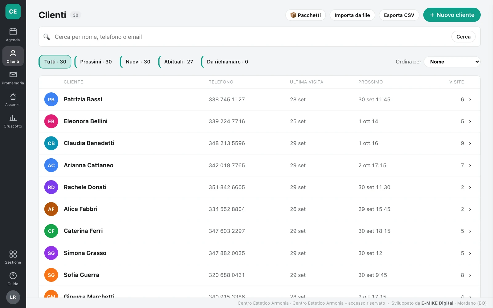 La rubrica dei clienti di Agenda Team: telefono, ultima visita, prossimo appuntamento e numero di visite