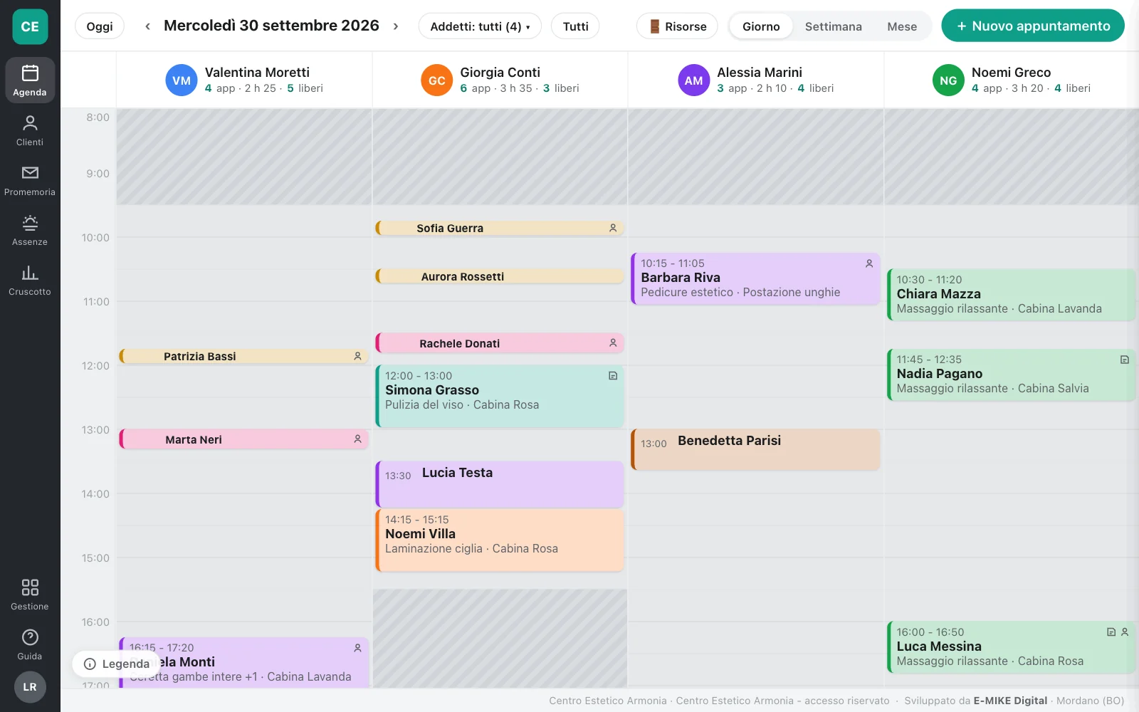 La vista giorno di Agenda Team, con una colonna per ogni addetto (dati di esempio)