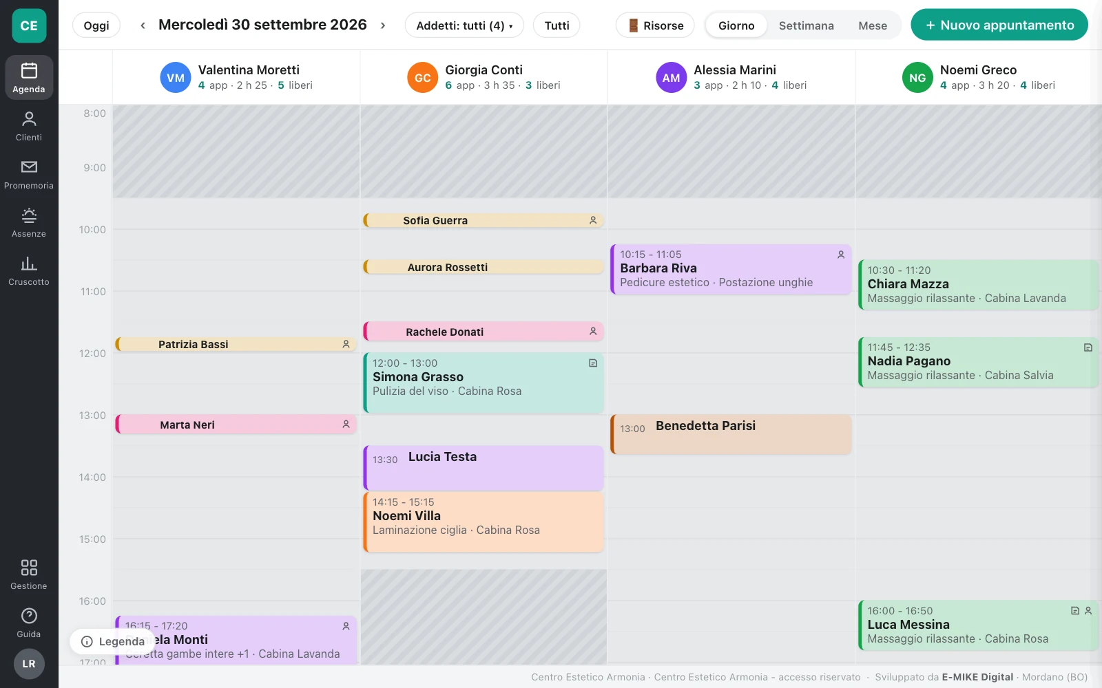 La vista giorno di Agenda Team sul computer: una colonna per ogni estetista, con appuntamenti, servizi e cabine (dati di esempio)