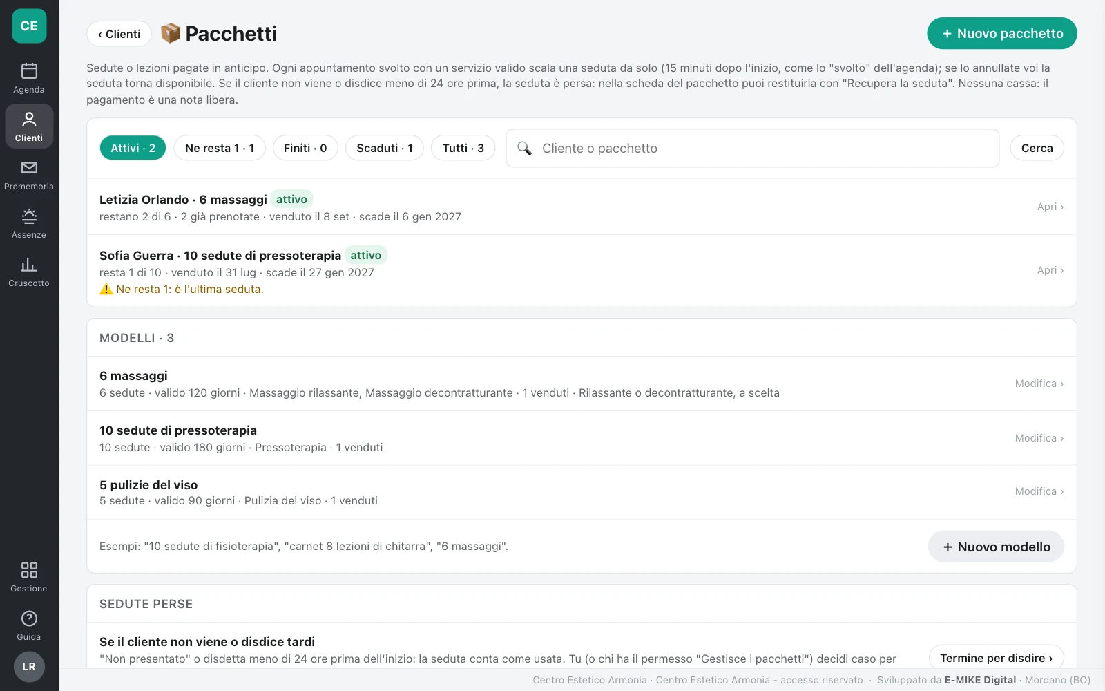 I pacchetti a sedute in Agenda Team: sedute restanti, scadenza e modelli di pacchetto