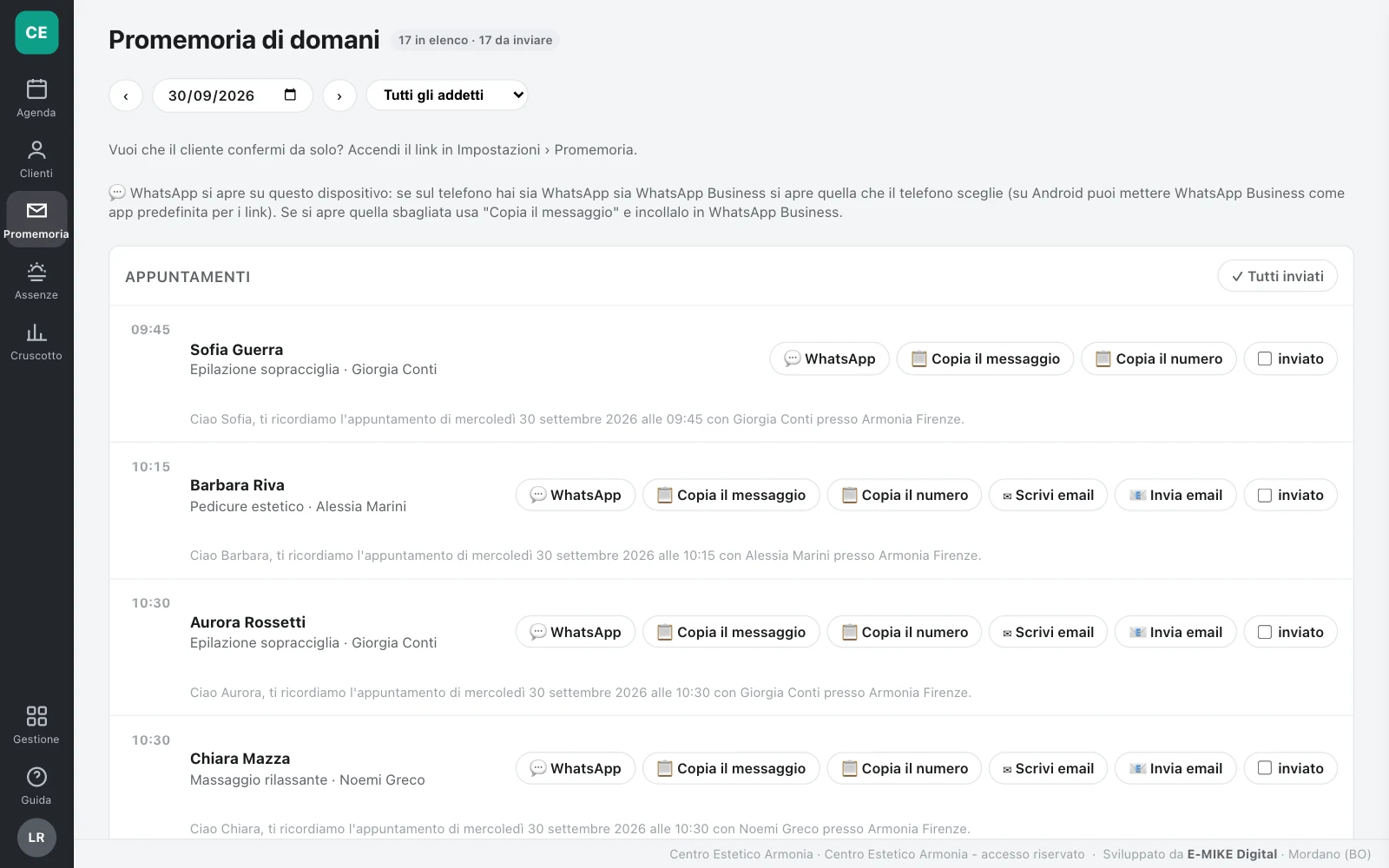 I promemoria di domani in Agenda Team: per ogni appuntamento WhatsApp, email e messaggio gi&agrave; scritto