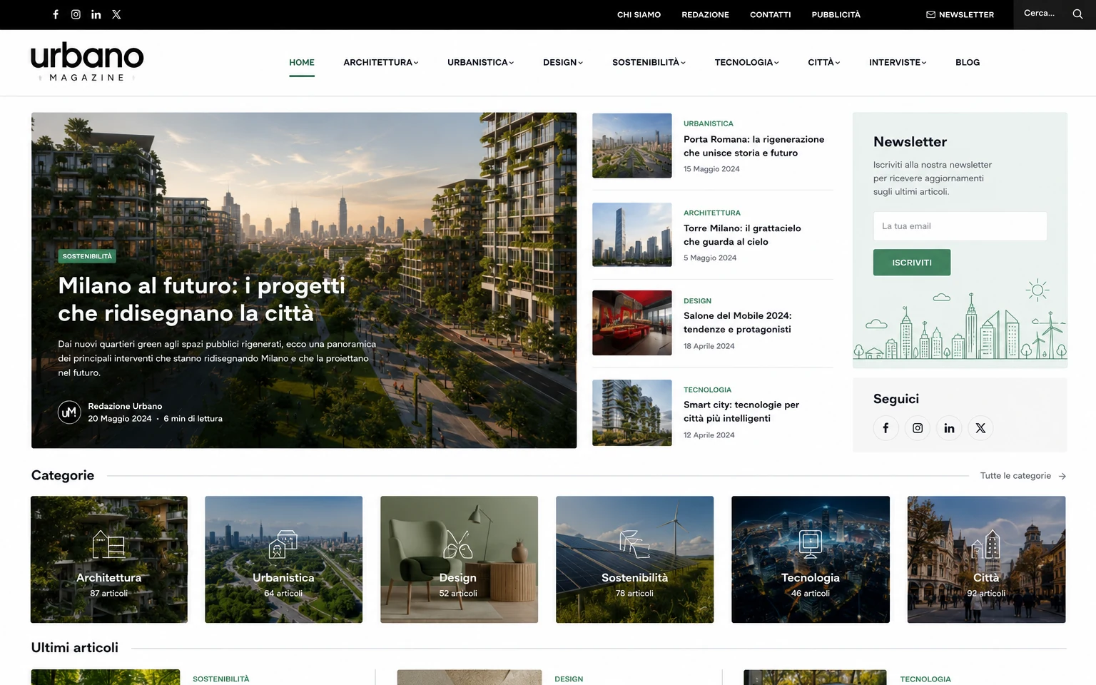 Esempio di magazine: home con articolo in evidenza, elenco per categorie e ultimi articoli
