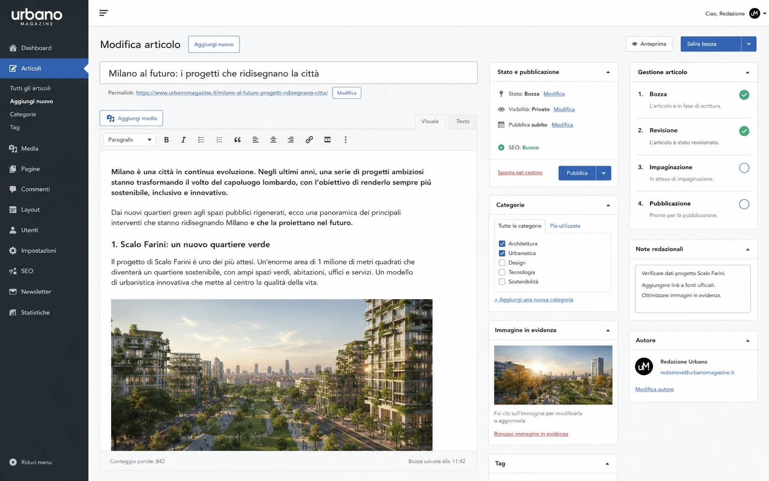 L'articolo nel pannello di gestione: editor con titolo, testo, immagine in evidenza, categorie e stato di pubblicazione