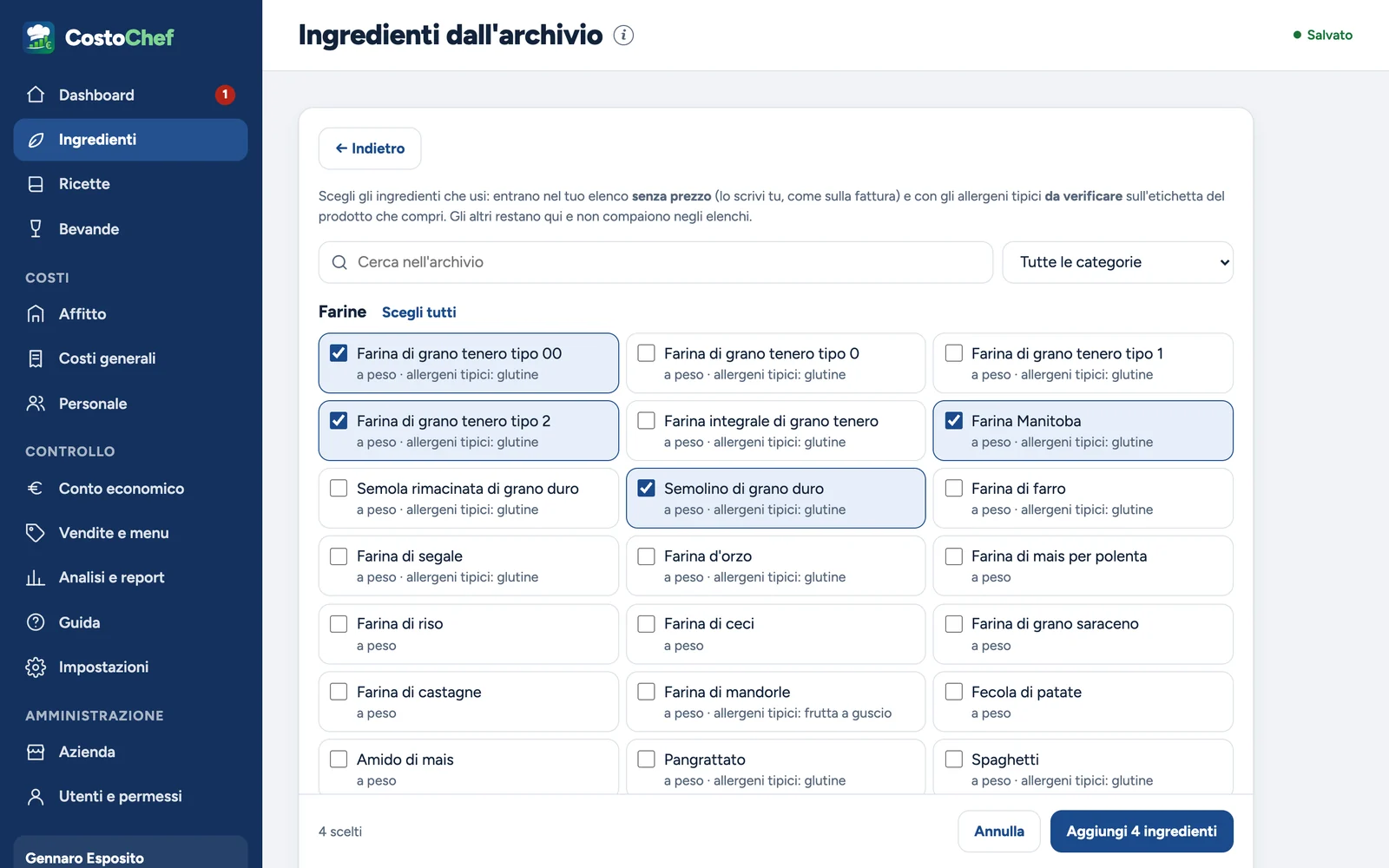 L'archivio degli ingredienti di CostoChef: si spuntano quelli da aggiungere