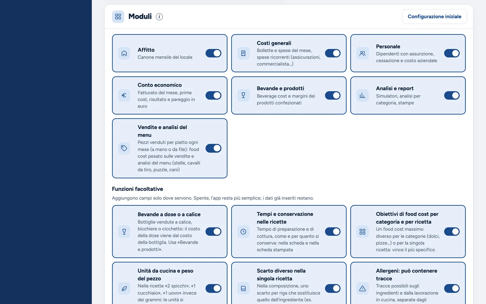 La pagina dei moduli di CostoChef: interruttori per moduli e funzioni facoltative