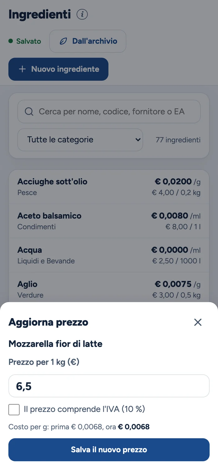 L'aggiornamento rapido del prezzo di un ingrediente dal telefono