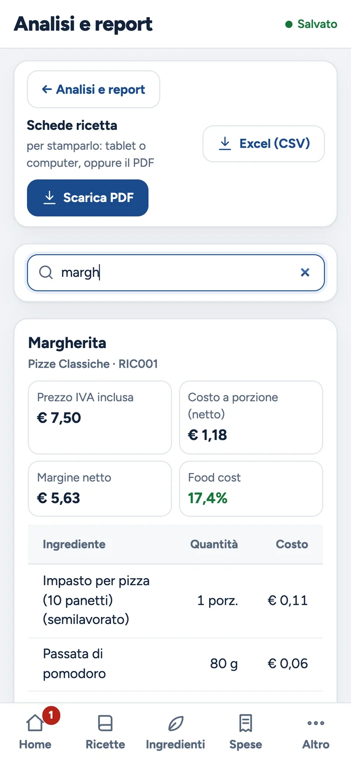 Le schede ricetta sul telefono, con la ricerca