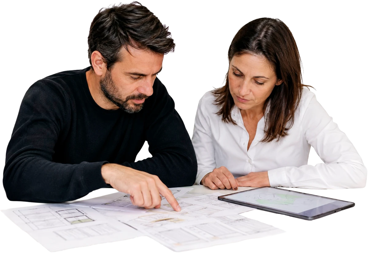 Due persone al tavolo discutono il progetto: schizzi di layout e un tablet