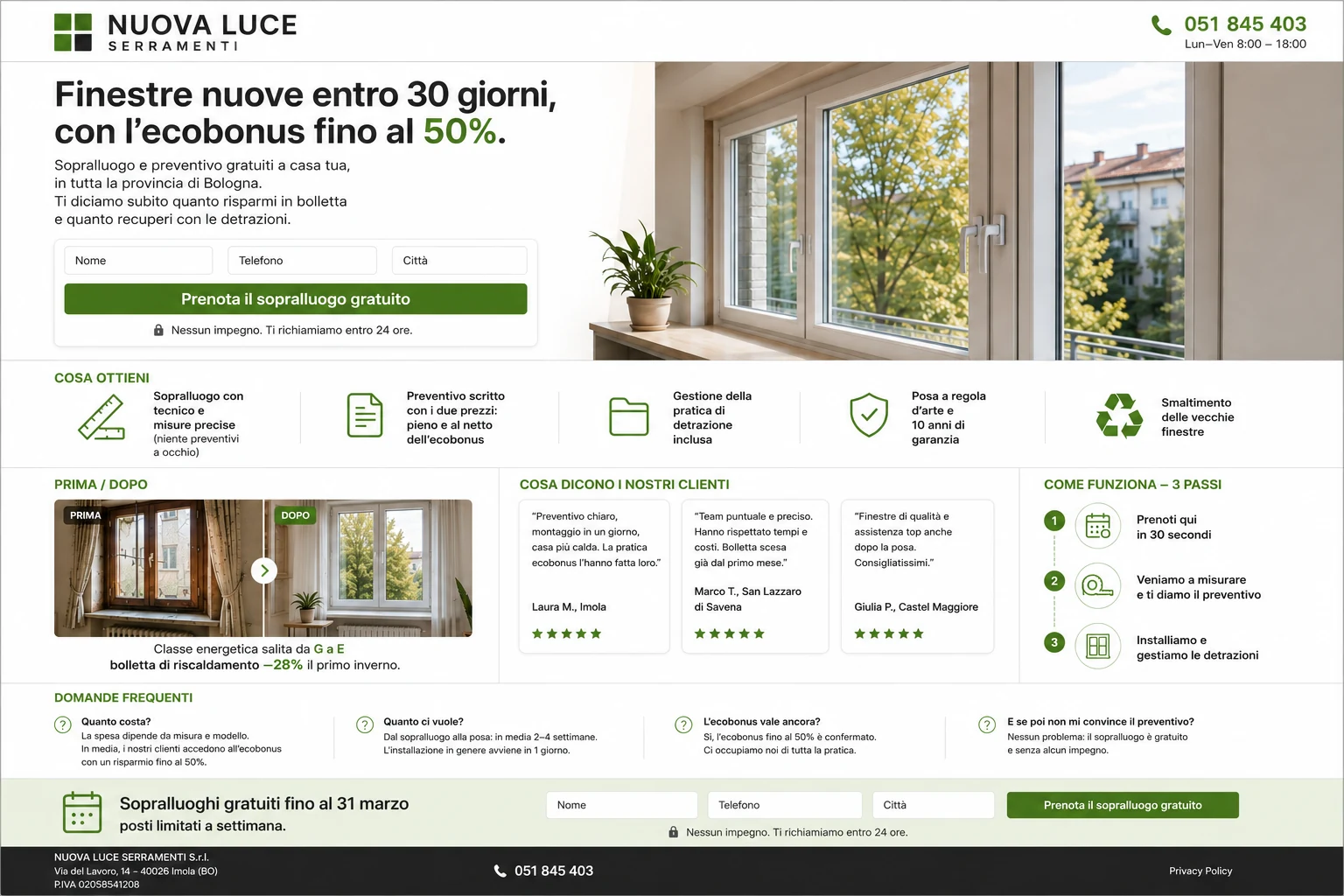 Una landing page demo su desktop: una pagina sola, con titolo, modulo, cosa ottieni, prova, testimonianze e chiusura, tutto porta al contatto