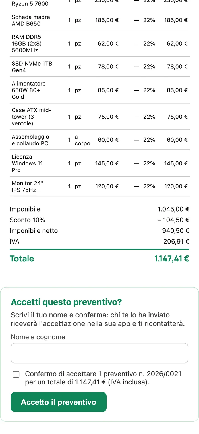 Il preventivo aperto dal cliente sul telefono, con il riquadro per accettarlo online