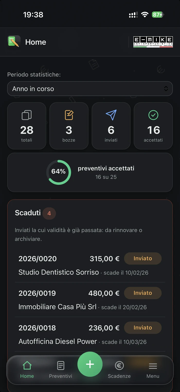 E-MIKE Preventivi in modalita' scura sul telefono