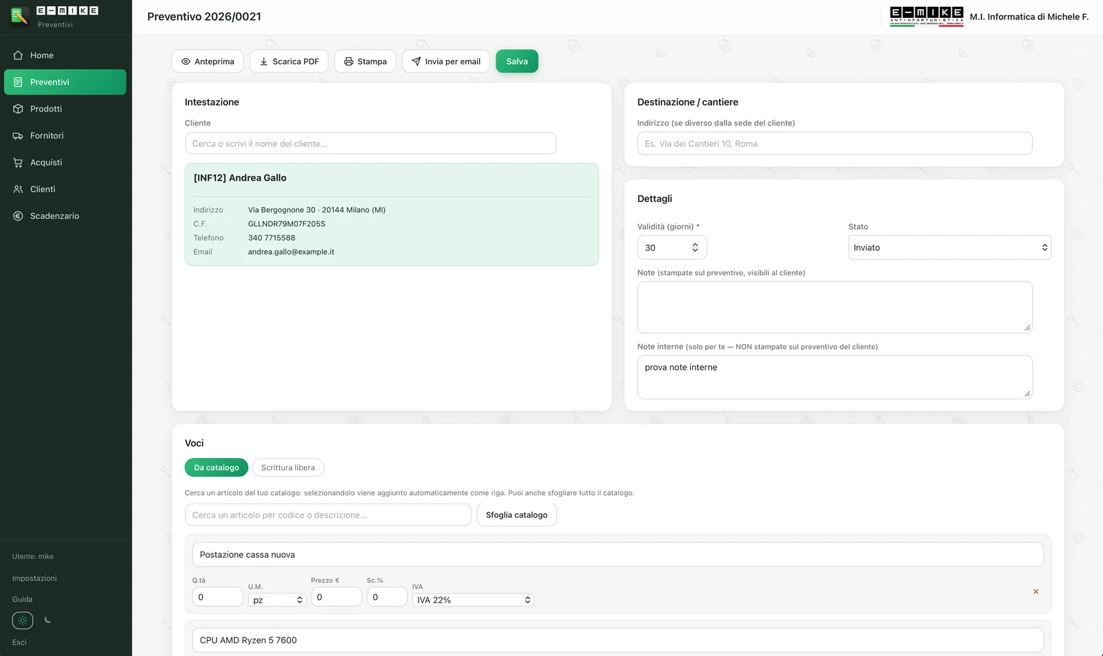 L'editor di E-MIKE Preventivi: intestazione cliente, dettagli e voci dal catalogo