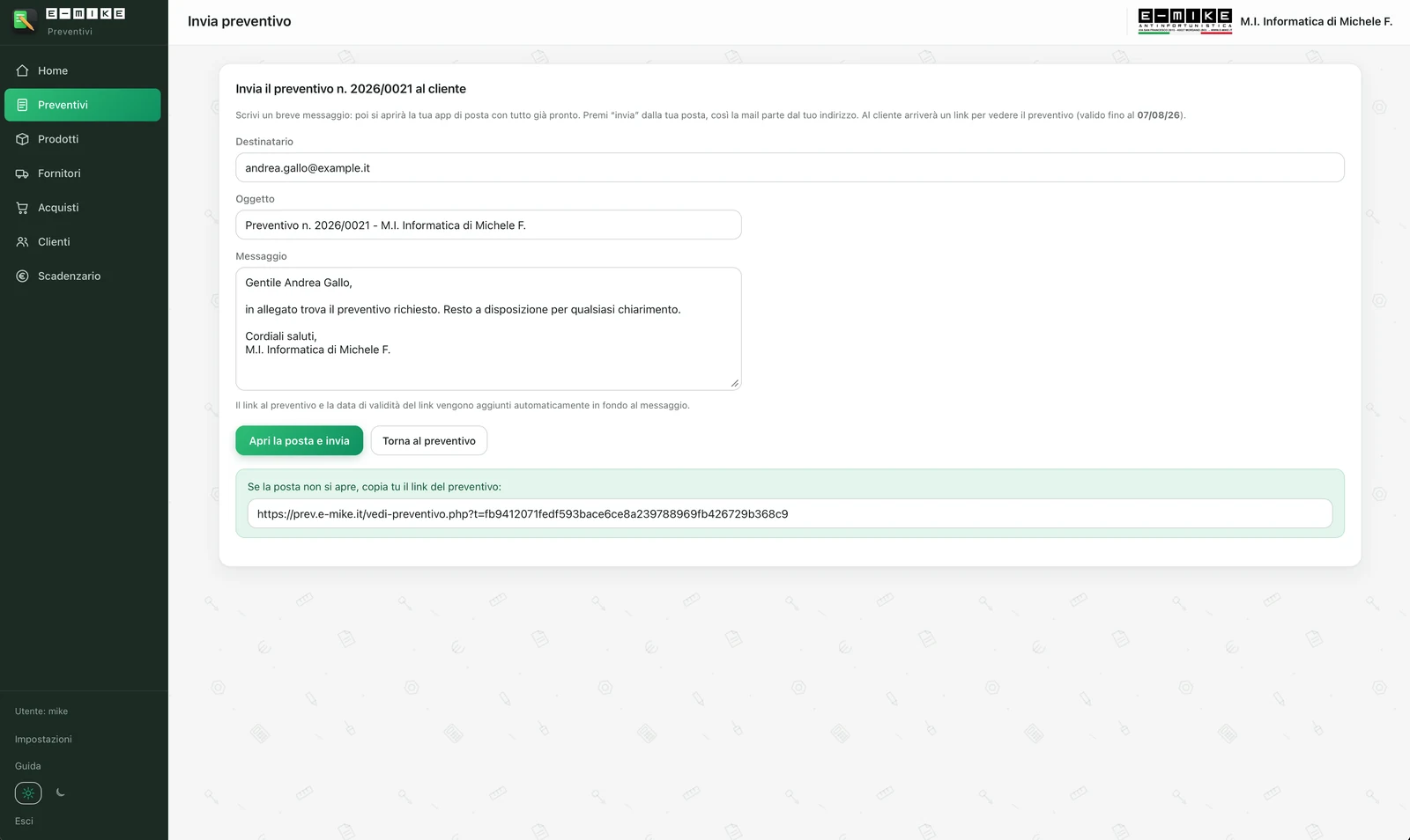 La schermata di invio di E-MIKE Preventivi: email con oggetto, testo e link gia' pronti