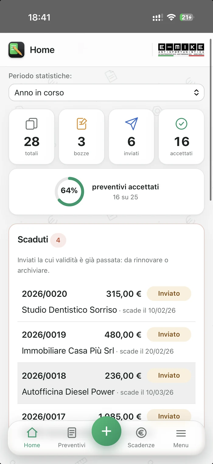 La home di E-MIKE Preventivi sul telefono