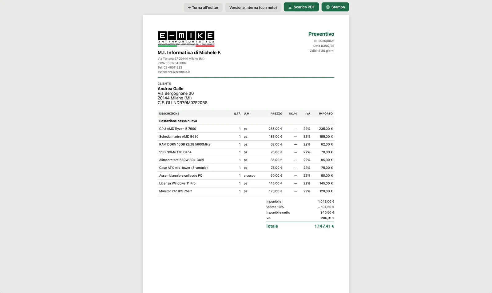 Il PDF del preventivo generato da E-MIKE Preventivi, con logo e riepilogo IVA