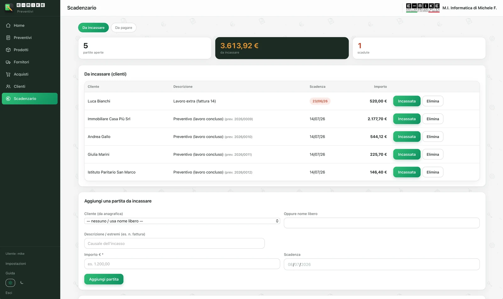 Lo scadenzario di cassa di E-MIKE Preventivi: entrate e uscite con i loro stati