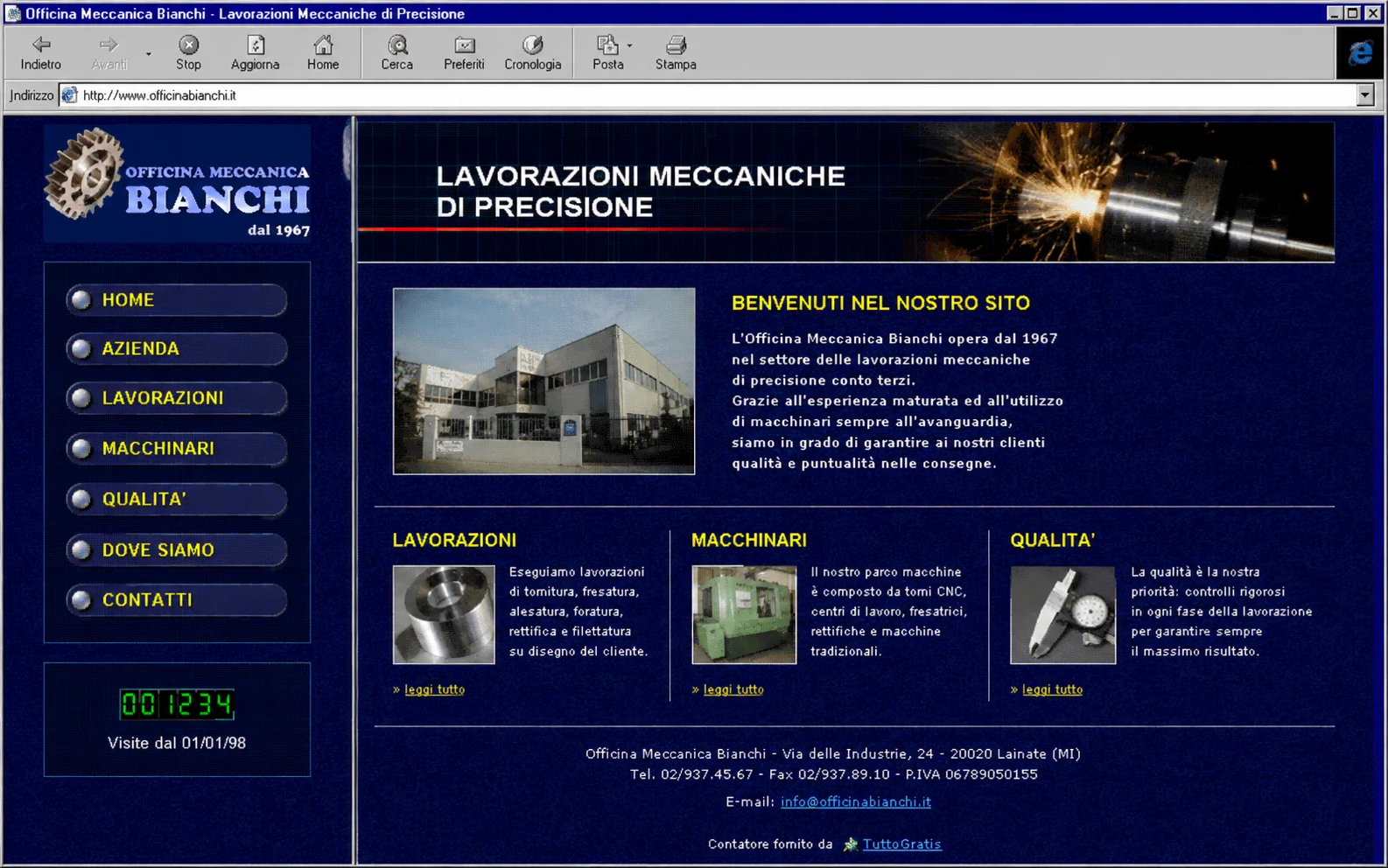 Prima: un sito aziendale datato, aperto in un vecchio Internet Explorer, con menu a pulsanti e contatore di visite