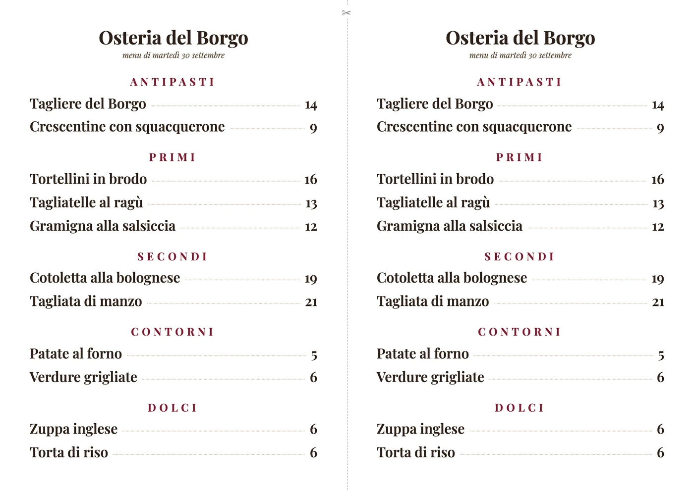 Due menu A5 stampati sullo stesso foglio, da tagliare a meta'