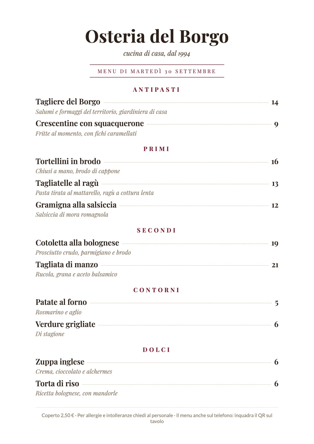 Il menu del giorno impaginato da solo per la stampa in A4 (ristorante di fantasia)