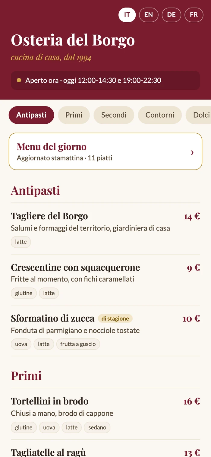 Esempio di menu digitale di un ristorante di fantasia, aperto dal QR sul telefono