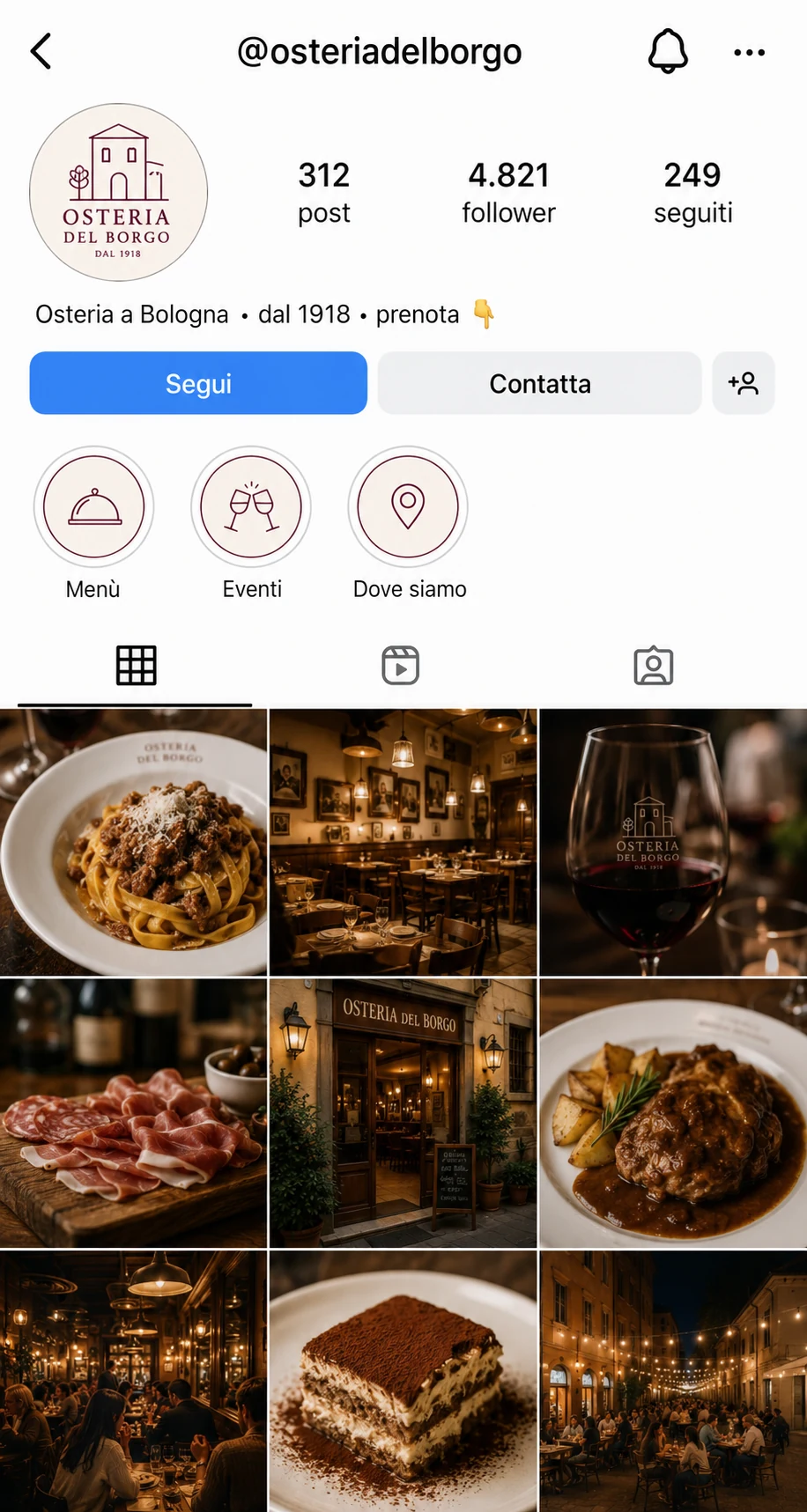 L'anteprima del feed: il profilo Instagram dell'osteria con una griglia di post curati e coerenti tra loro