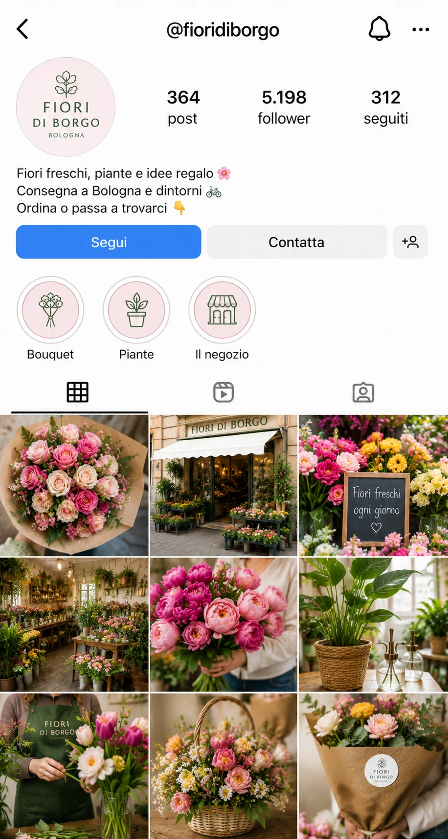 Un profilo social curato visto dal telefono: il feed di un fioraio, con bio, storie in evidenza e una griglia di foto coerenti